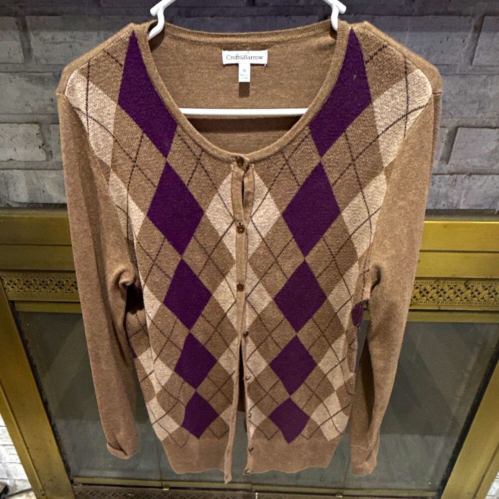 Croft & Barrow Women’s Brown Purple Argyle V-Neck Button Knit Cardigan M